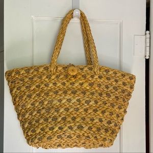 Lancôme straw basket lined beach tote market bag large purse book bag BOHO